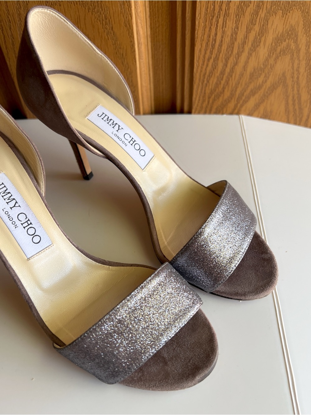 Jimmy Choo Glitter Suede D'Orsay Heels Gray Silver Sandals EU 37 - Picture 2 of 7